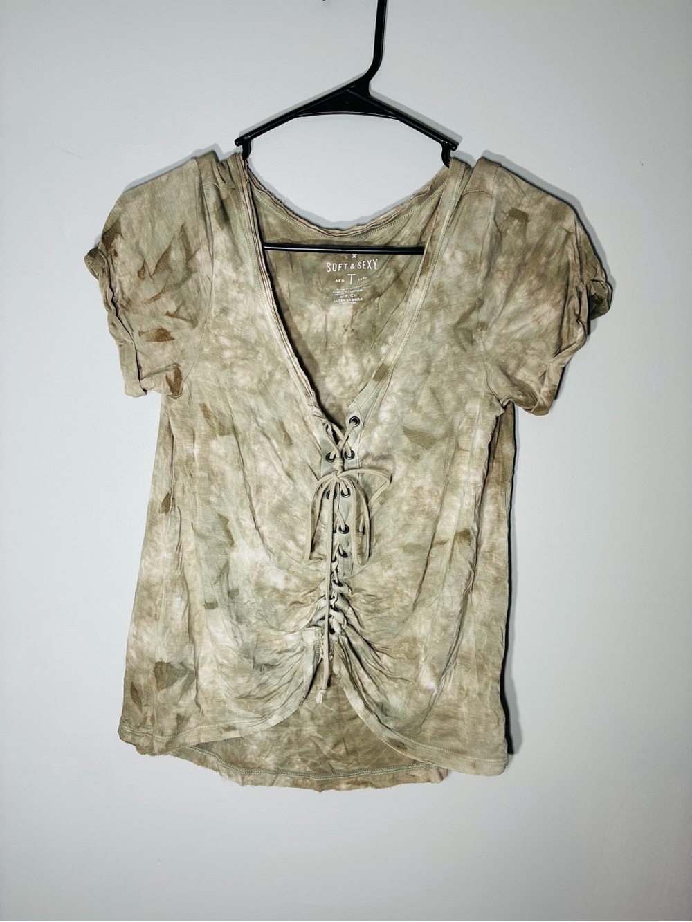 American Eagle Outfitters Olive Tie-Dye Lace-Up V-Neck Crop Top womens S